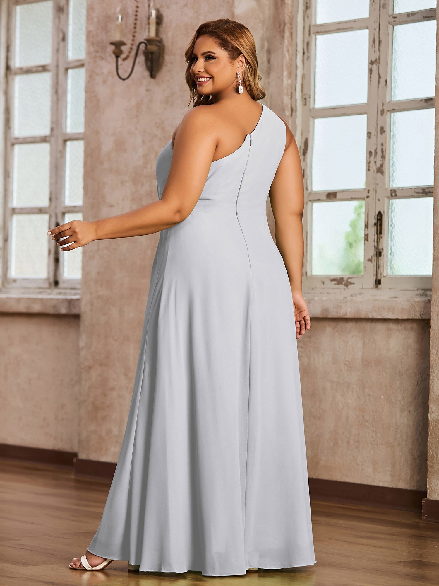 One Shoulder Long Chiffon Dresses with Slit Silver
